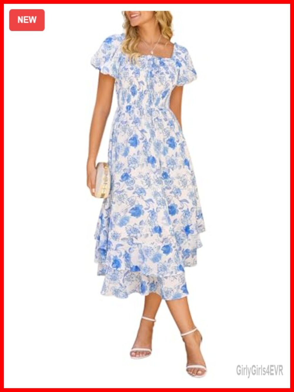 Floral Maxi Dress Square Neck Puff Sleeve Smocked Chiffon Wedding Guest